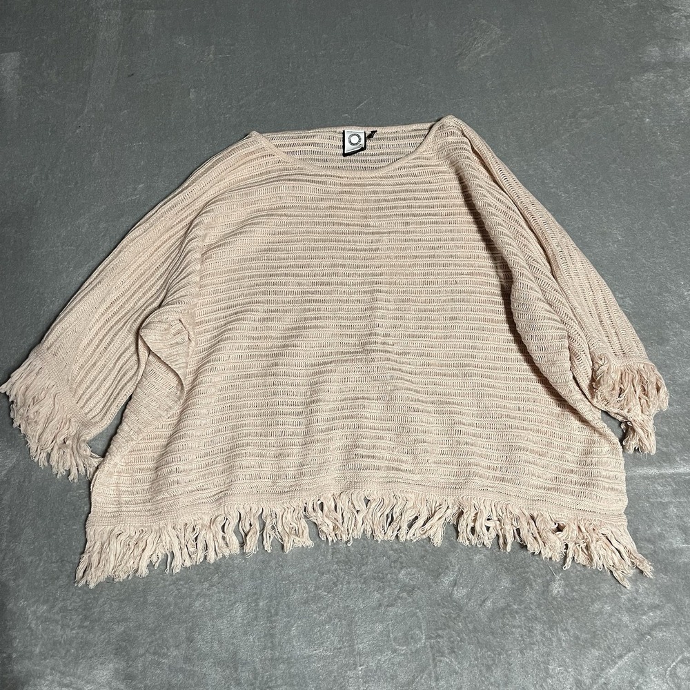 Anthropologie Sweater Women Small Pink Mauve Fringe Striped Boho Open Knit